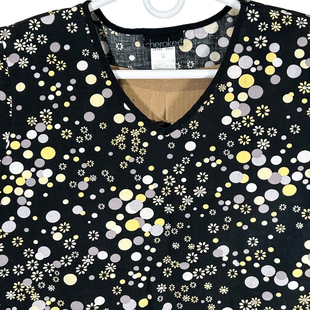 Cherokee Womens V-Neck Scrub Top Black Yellow Daisy Polka Dot Print Size Medium